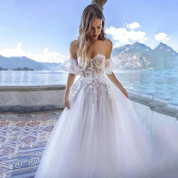 2024 Красивое Свадебное Платье С Кружевными Аппликациями В виде Сердца С Короткими Пышными Рукавами Свадебное Платье На Молнии Сзади Со Шлейфом Vestidos De Novia