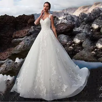 Elegant White Wedding Dress vestido de novia Lace Tulle Beach свадебные платья Custom Made Bride Gowns