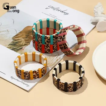 GuanLong Charm Регулируемые леопардовые браслеты, браслеты для женщин, эластичный браслет, Разноцветная акриловая смола, Широкий прямоугольник, Винтажный стиль