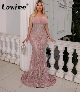 Арабское вечернее платье с розовыми перьями на тонких бретельках, Русалка, блестки, длинные женские вечерние платья, кристаллы, блестящее вечернее платье для выпускного вечера 2023