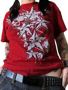 Женские повседневные футболки с коротким рукавом и круглым вырезом, с графическим принтом, Летние блузки свободного кроя, винтажные топы Гранж