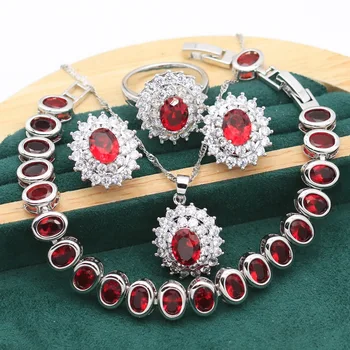Классический набор ювелирных изделий из серебра с красными топазами для женщин, браслет на день рождения, Серьги, Кольцо, Свадебное ожерелье, Рождественская бесплатная подарочная коробка