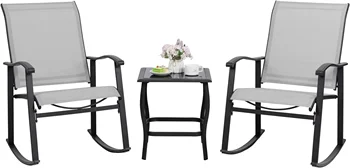 Набор для Бистро-качалки из 3 предметов, Садовая мебель с креслами-качалками и Стеклянным журнальным столиком из 3 предметов, Балкон, Светло-серый