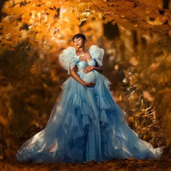 Очаровательное голубое платье для беременных с оборками Cap рукавом тюль Пром платья богемные милая vestido де novia фотосессии макси платье