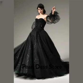 Роскошное черное бальное платье, прозрачное бальное платье, рукава с открытыми плечами, украшенные блестками, праздничный жилет